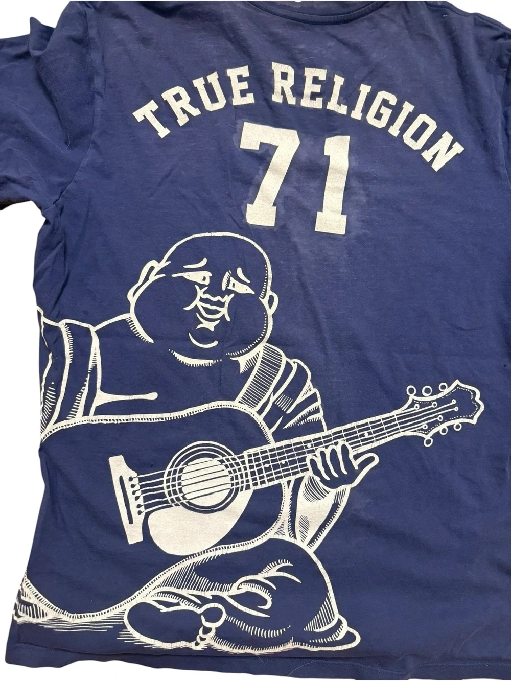 True Religion Navy Short-Sleeve Graphic Tee with White Logo Buddha guitar medium